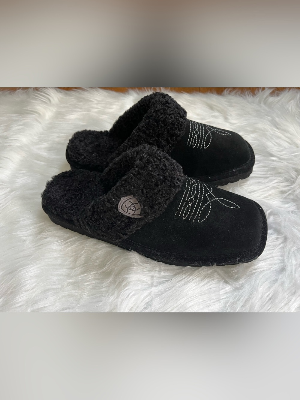 Ariat Black Slip-On Suede Shearling Mules
